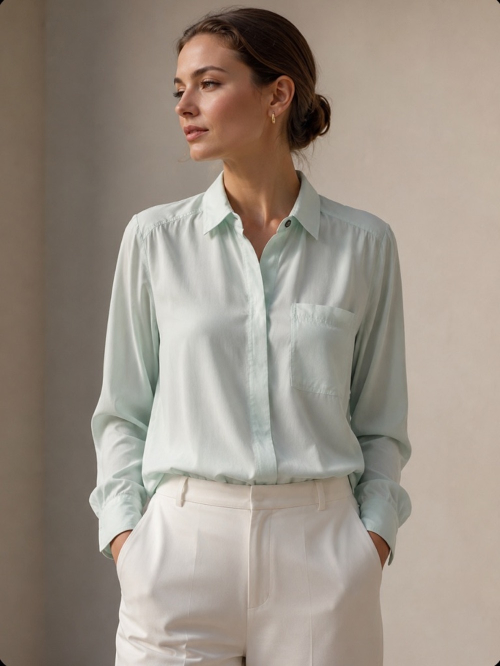 Lou & Grey 100% Silk Mint Green Button Down Blouse Size Small